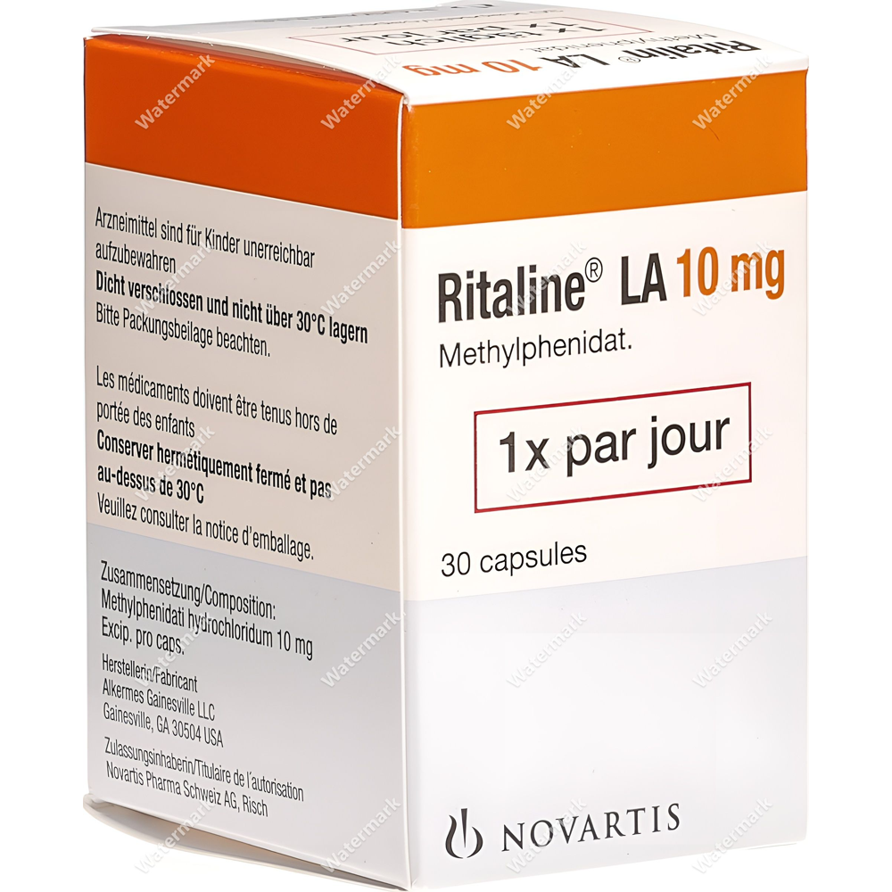 Упаковка Ritaline LA 10 мг от компании Novartis. Капсулы пролонгированного действия (Long Acting), предназначенные для приема один раз в день (1x par jour). Бело-оранжевая коробка с указанием 30 капсул.