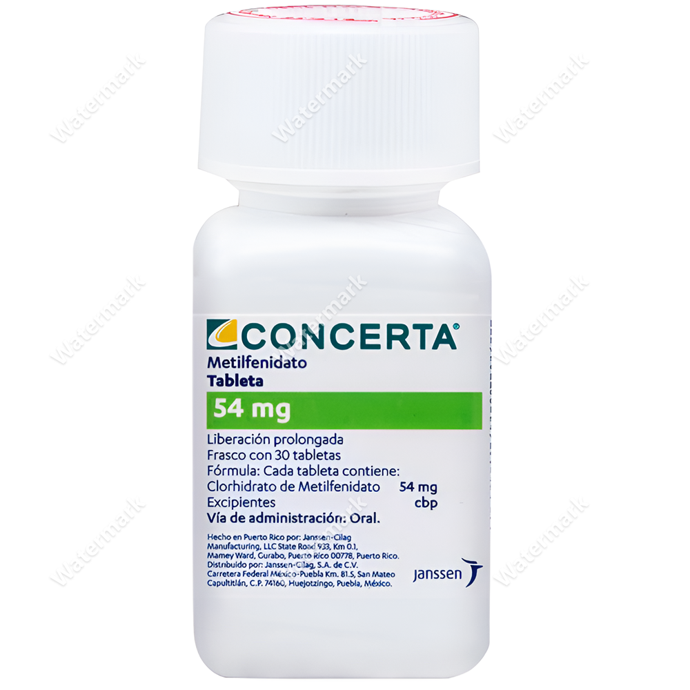 Белый пластиковый аптечный флакон лекарства Концерта (CONCERTA / действующее вещество метилфенидат гидрохлорид). Этикетка флакона содержит название CONCERTA C, указание Extended-Release Tablets (таблетки пролонгированного высвобождения), дозировку 27 мг на сером фоне, количество 100 Tablets и код NDC 50458-588-01. Указано 'Rx only' (отпуск по рецепту) и производитель Janssen. На этикетке изображена таблетка с маркировкой alza 27.