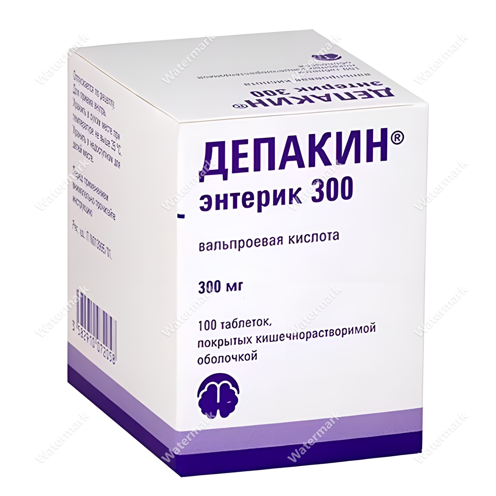 Упаковка препарата Депакин Энтерик 300 (вальпроевая кислота), 100 таблеток по 300 мг. Белая коробка с фиолетовыми акцентами и логотипом Sanofi.