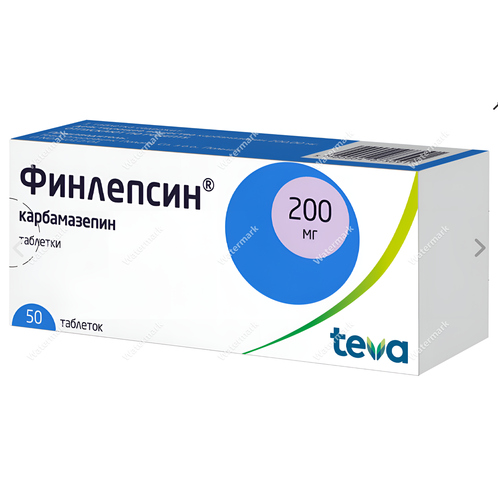 Упаковка препарата Финлепсин (карбамазепин) 200 мг от компании Teva. Белая коробка с синим кругом и характерной изогнутой зеленой полосой. Содержит 50 таблеток.