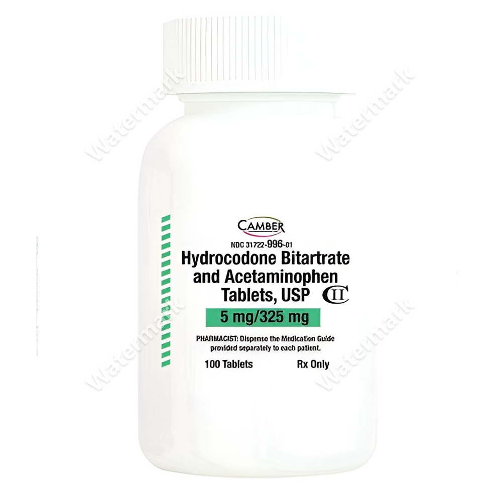 Упаковка Hydrocodone Bitartrate and Acetaminophen от Camber Pharmaceuticals. Комбинированный препарат (аналог Викодина): 5 мг гидрокодона и 325 мг ацетаминофена, 100 таблеток.