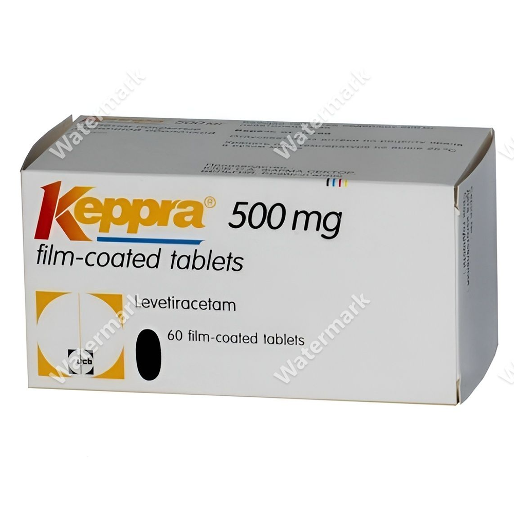 Упаковка оригинального бельгийского препарата Кеппра (Keppra) 500 мг, 60 таблеток. Характерный бело-желтый дизайн с крупным оранжевым логотипом.
