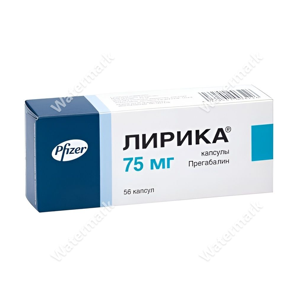 Большая упаковка оригинального препарата Лирика (прегабалин) в дозировке 75 мг, содержащая 56 капсул. Дизайн Pfizer в бело-синих тонах.