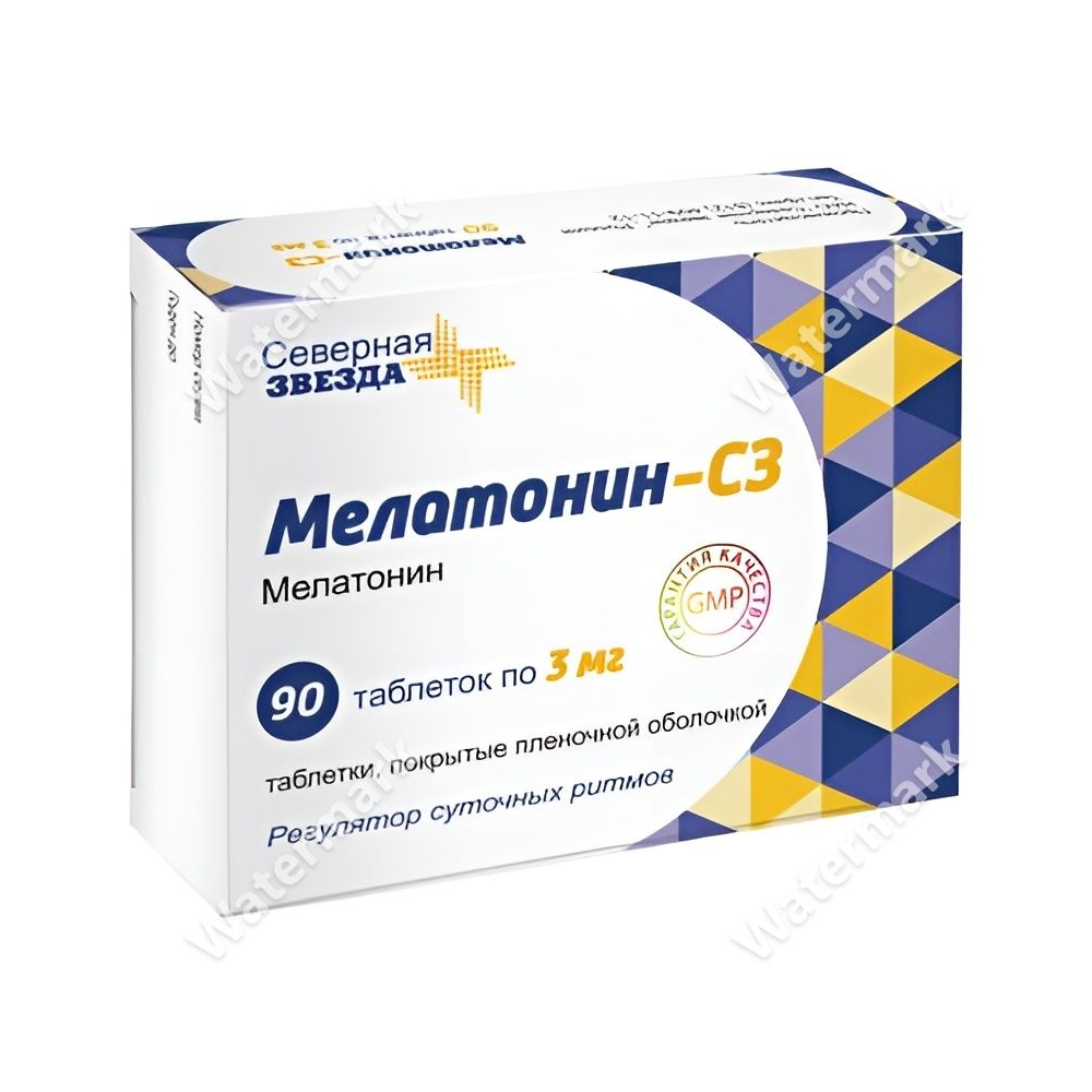 Упаковка препарата Мелатонин Премиум 10 мг, 90 капсул высокой эффективности от BioNatura. Золотисто-черная коробка с изображением спящего лица и золотых часов.