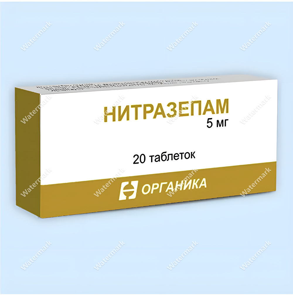 Упаковка препарата Нитразепам от российского производителя Органика в дозировке 5 мг. Белая коробка с широкой золотисто-коричневой полосой в нижней части, содержит 20 таблеток.