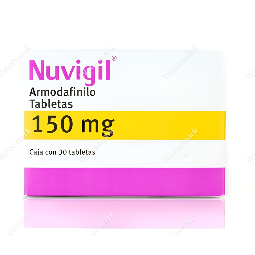 Упаковка препарата Нувиджил (Nuvigil) 150 мг. Бело-синяя коробка с оранжевой полосой, содержащая 30 таблеток армодафинила производства Teva