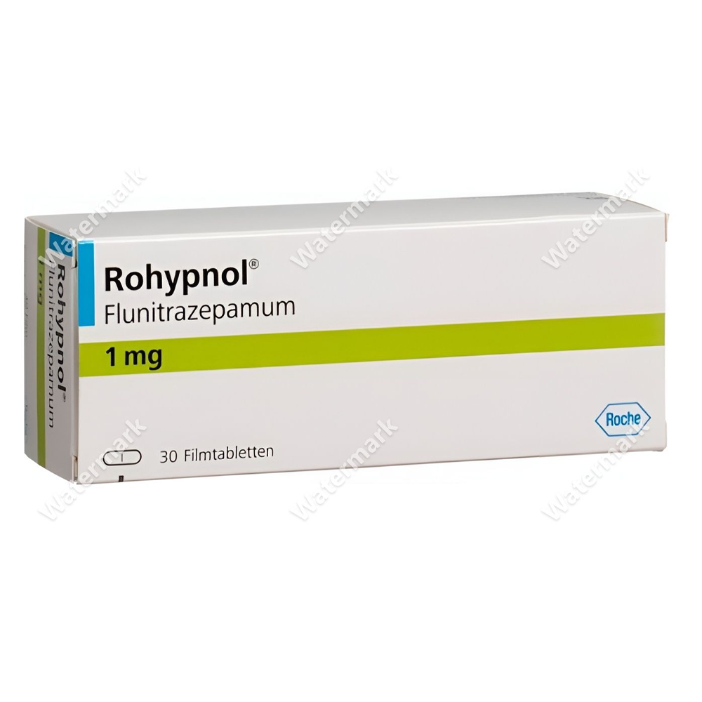 Рогипнол 1 мг (Rohypnol, Флунитразепам) от компании Roche — оригинальная упаковка 30 таблеток, фото препарата