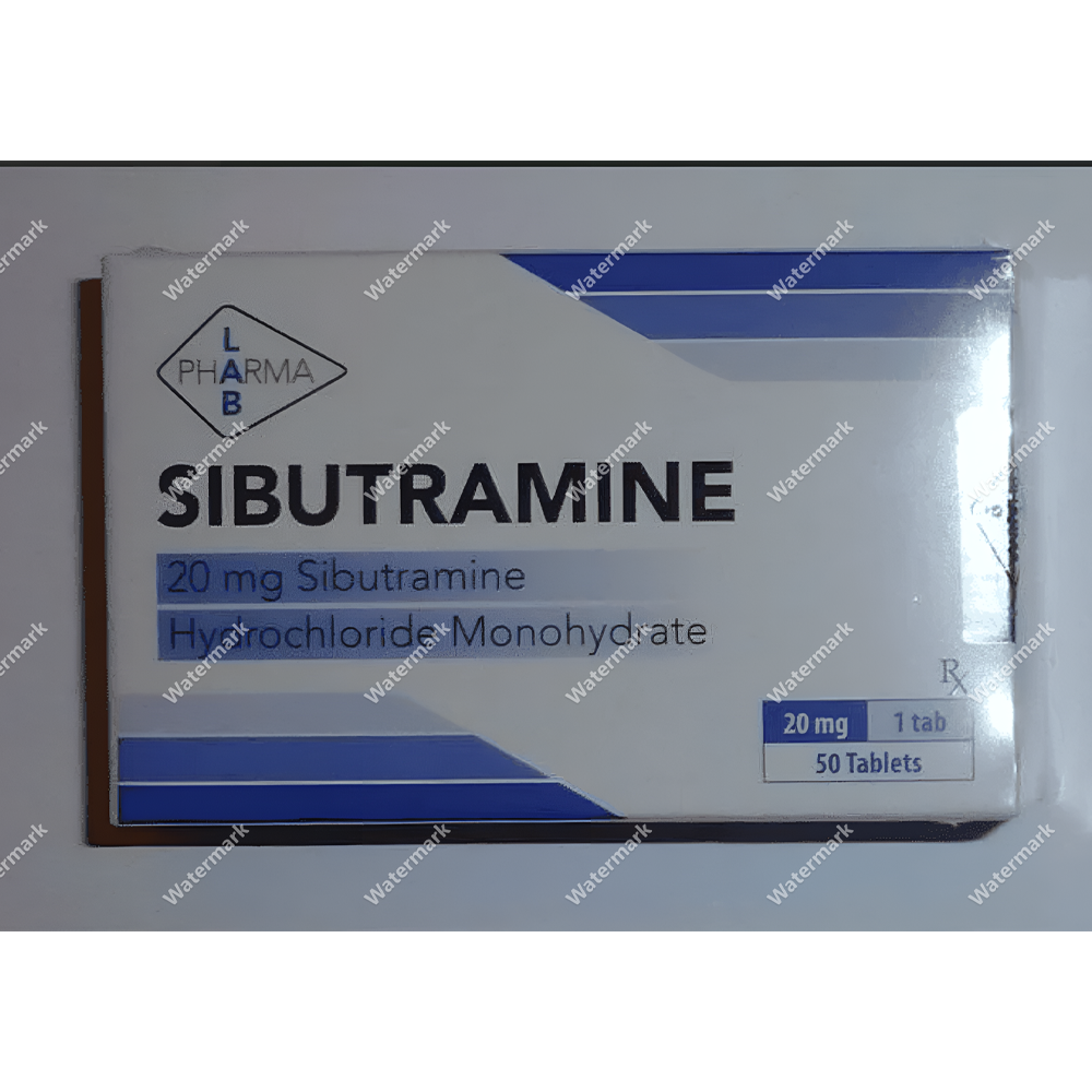 Картонная пачка препарата Sibutramine от Pharma Lab в бело-синем оформлении. На лицевой стороне указана дозировка 20 мг (Sibutramine Hydrochloride Monohydrate) и общее количество — 50 таблеток.