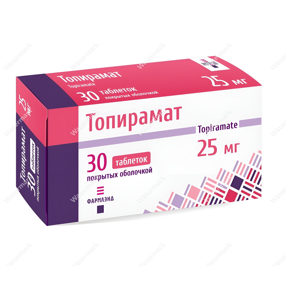 Упаковка препарата Топирамат 25 мг от компании Фармлэнд. Горизонтальная коробка в бело-розовых тонах с мозаичным узором. Содержит 30 таблеток.