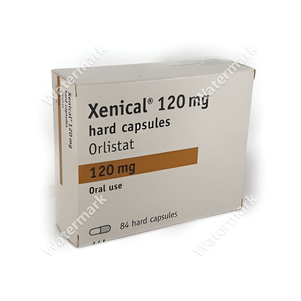 Картонная упаковка препарата Ксеникал (Xenical) 120 мг в бело-бирюзовых тонах. На пачке указано действующее вещество — орлистат, количество — 21 капсула и логотип компании Roche.