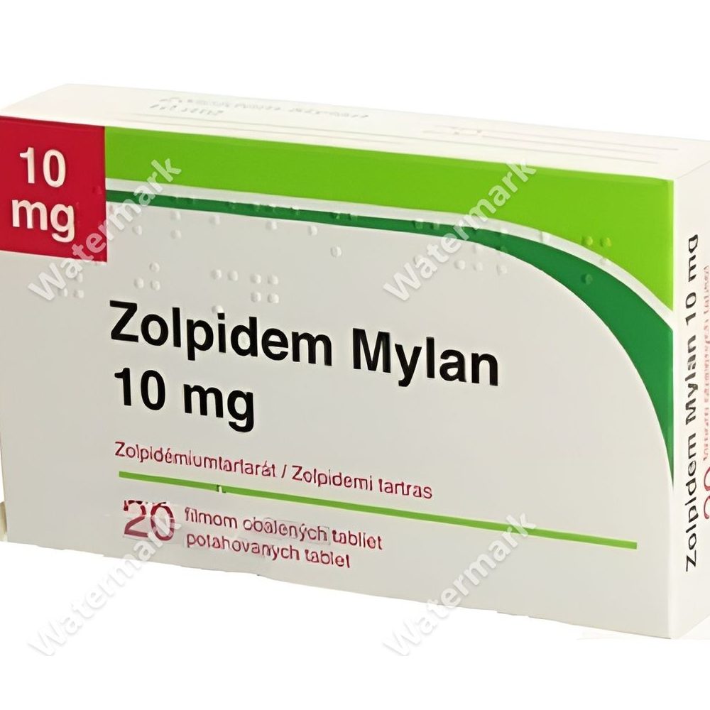 Упаковка препарата Zolpidem Mylan в дозировке 10 мг. Белая горизонтальная коробка с красным углом и зеленой волной в дизайне. Указано содержание 20 таблеток, покрытых оболочкой.